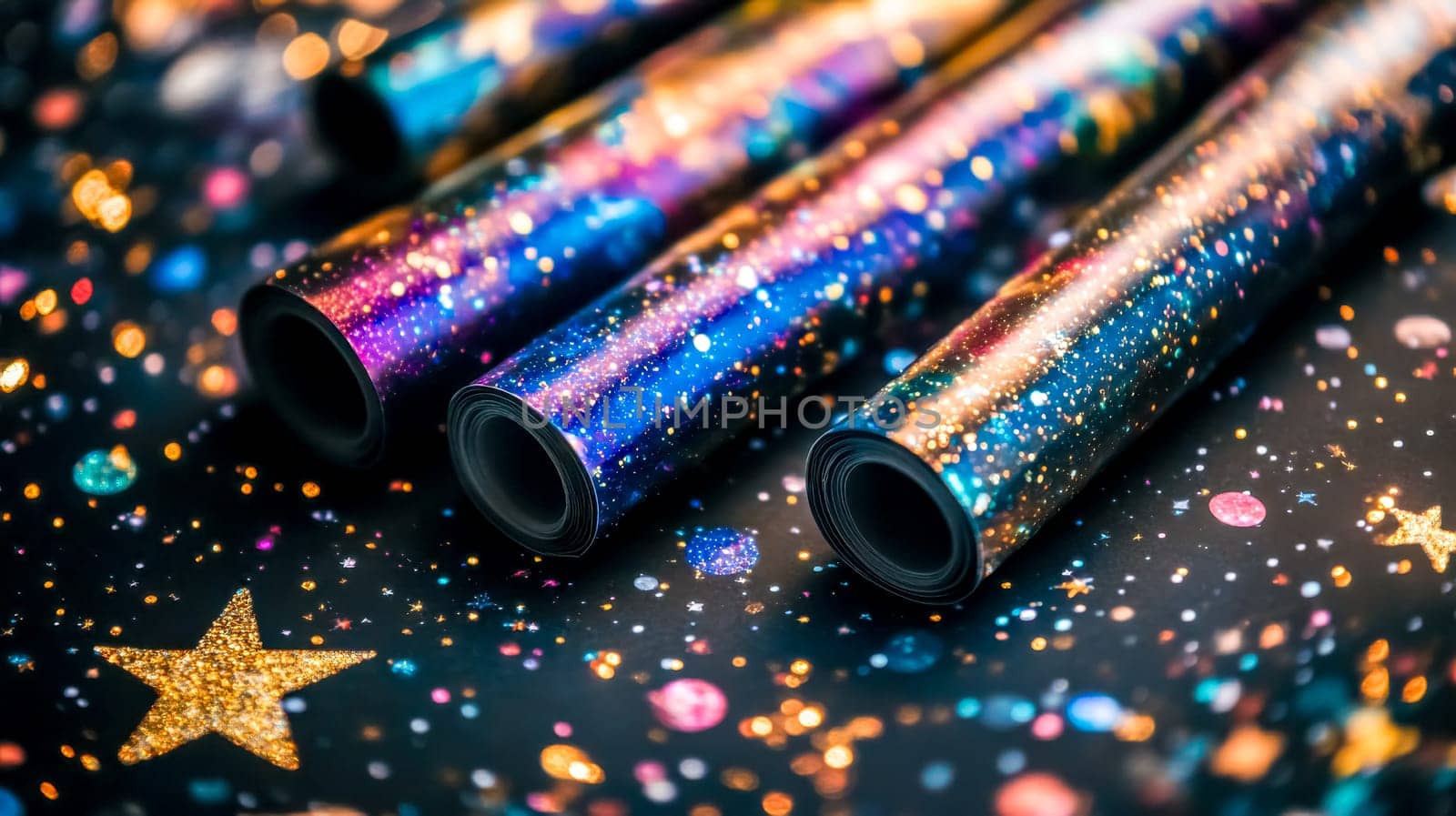 Colorful holographic galaxy wrapping paper rolls resting on a black starry background create a festive and cosmic atmosphere, perfect for special occasions
