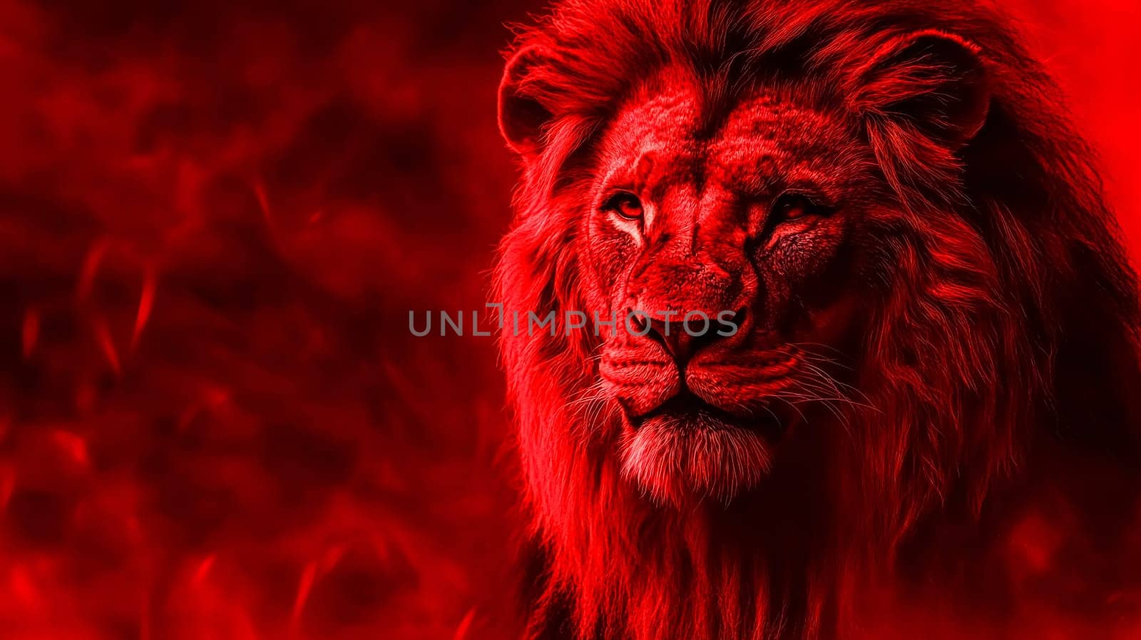 Red toned portrait capturing a male lion emerging from a fiery, smoky background, exuding drama and power while highlighting the majestic presence of this wild predator