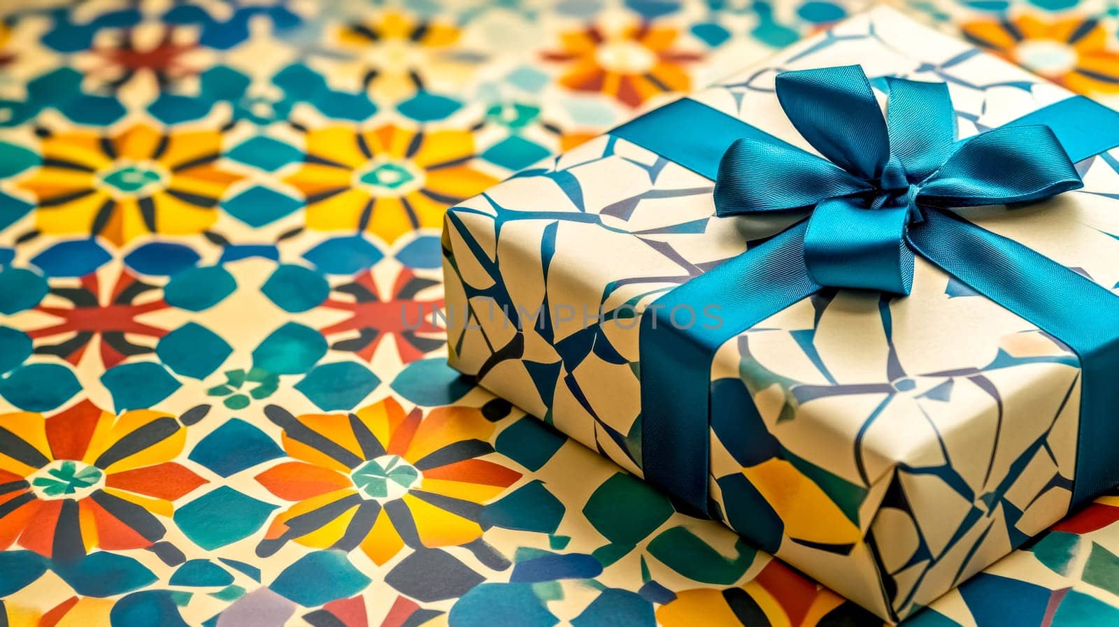 Elegantly wrapped gift box with a vibrant blue ribbon sits on colorful floral wrapping paper, creating a festive and celebratory atmosphere
