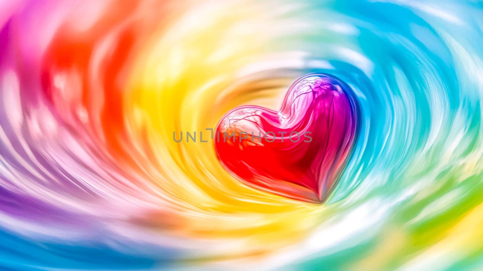 Glossy red heart floating on a vibrant, swirling rainbow background, creating a cheerful and romantic abstract composition with a kaleidoscopic effect