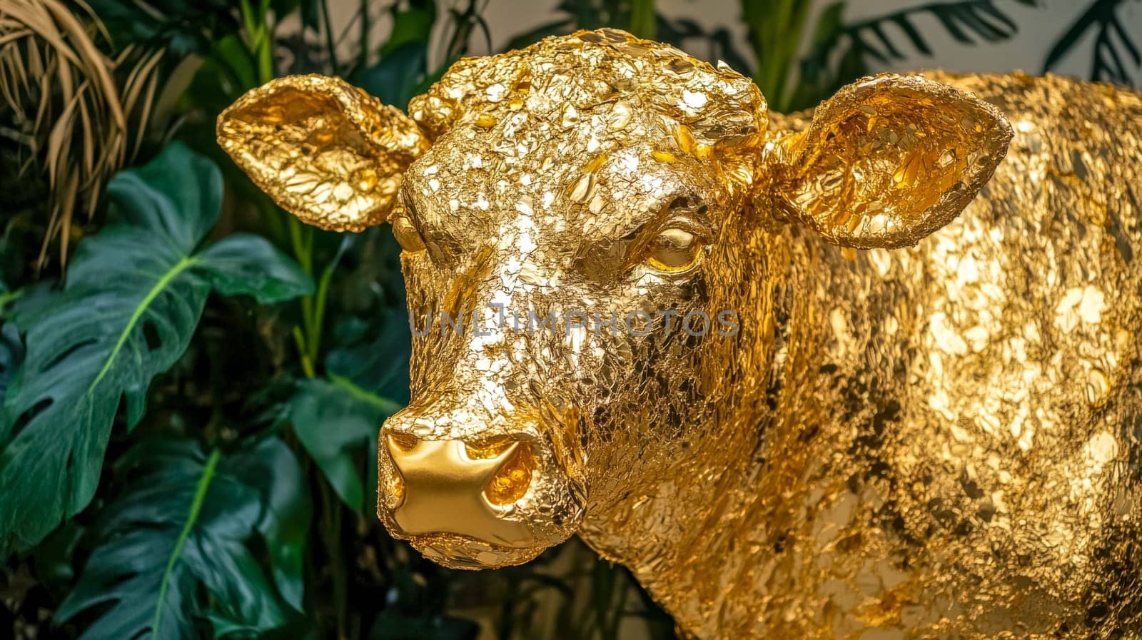 Golden cow sculpture, adorned with gold leaf, representing prosperity and symbolizing wealth, set against a vibrant backdrop of lush green foliage, exuding opulence and elegance