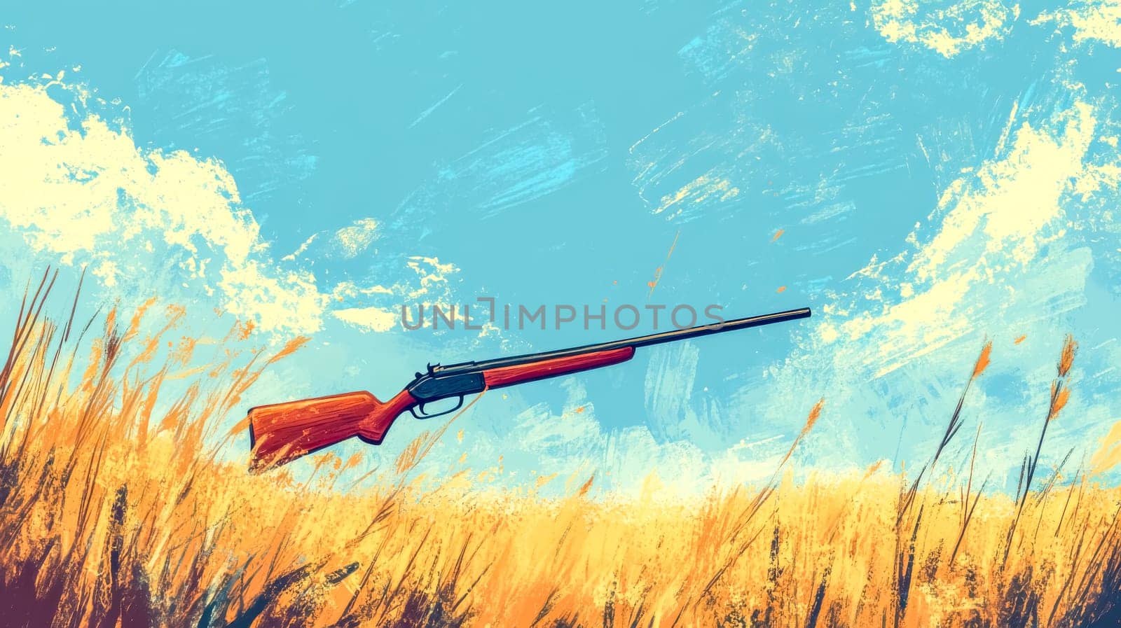Rifle is floating above a field of golden rye under a bright blue sky with fluffy white clouds, creating a surreal and thought provoking scene