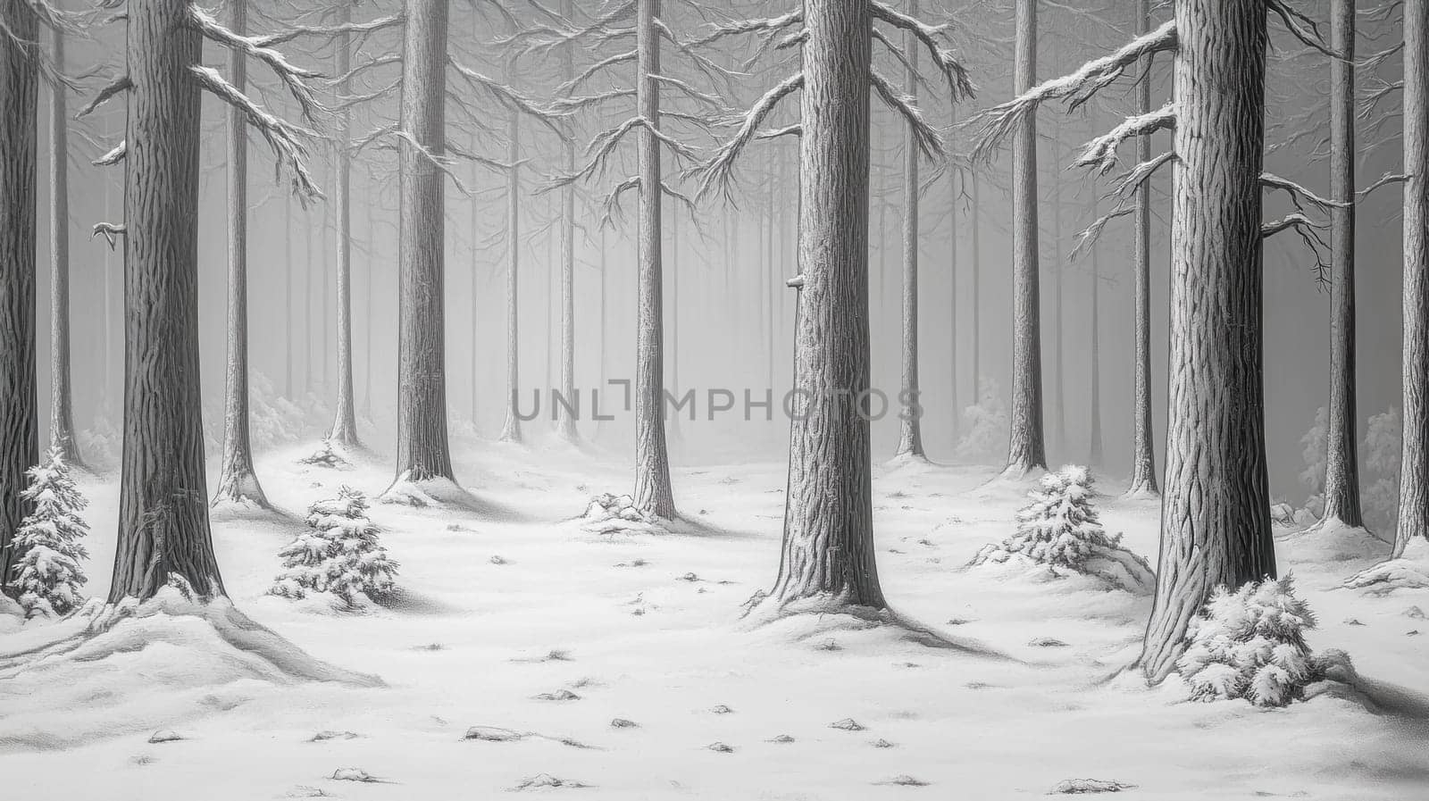 Pine trees covered with snow create a tranquil and serene atmosphere in a monochromatic winter forest, where snow blankets the ground, offering a peaceful escape into nature's beauty
