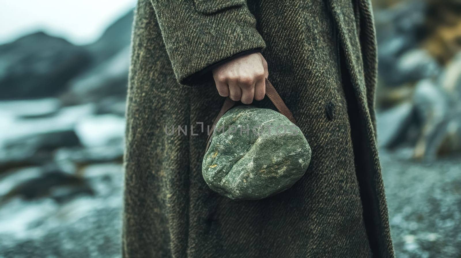 Geologist carrying a rock sample in a leather sling during a geological survey in a rocky landscape, performing fieldwork for geological research