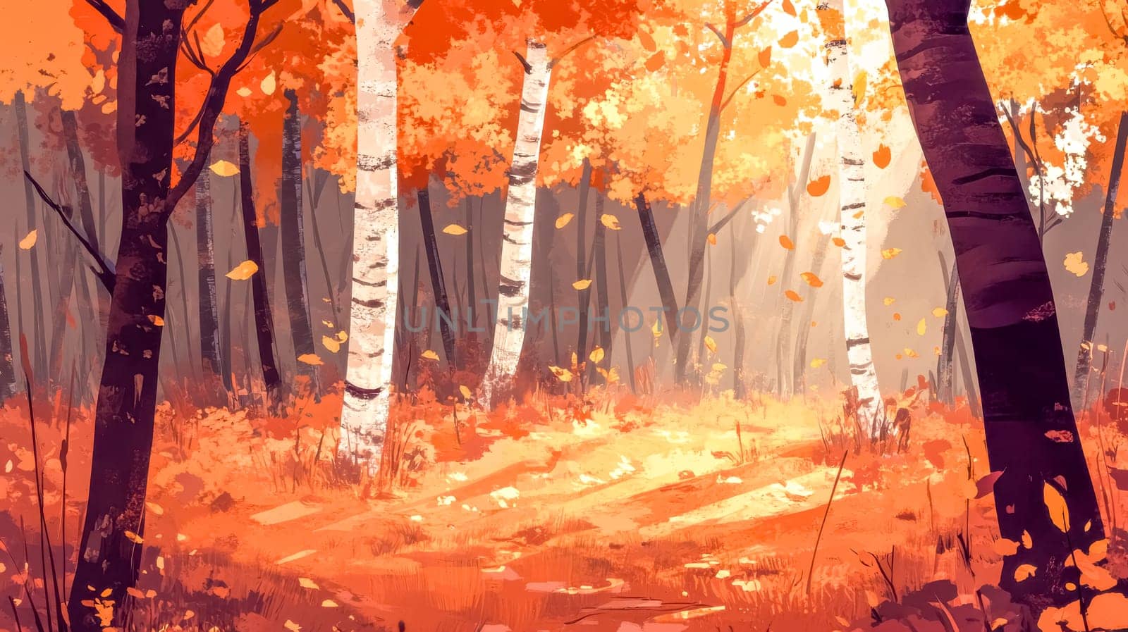 Warm sunlight illuminates a tranquil autumn forest scene, with colorful leaves gently falling from birch trees, creating a peaceful and scenic landscape