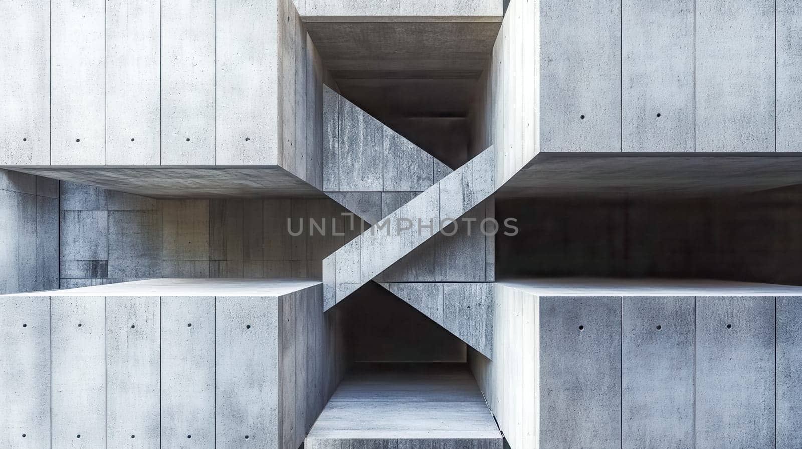 Interlocking concrete structures form an abstract architectural design, highlighting modern building techniques and intricate geometric shapes in a captivating urban environment