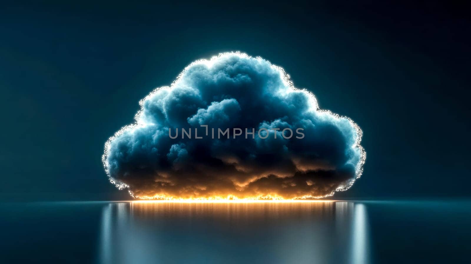 Dark cloud with a glowing silver edge and a golden light at its bottom is reflected on a dark surface, symbolizing hope, renewal, and overcoming challenges