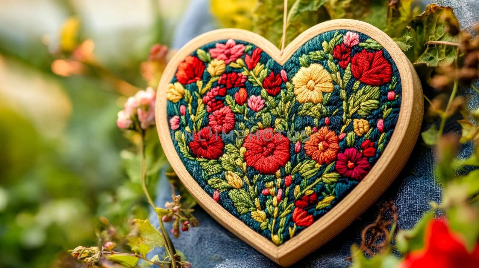 Exquisite heart shaped embroidery featuring a vibrant mix of colorful flowers and lush greenery, stitched onto a rich teal background and framed in natural wood