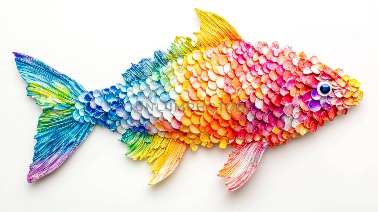 Vibrant fish sculpture is crafted from numerous small, colorful scales, creating a visually striking piece of art against a clean white backdrop