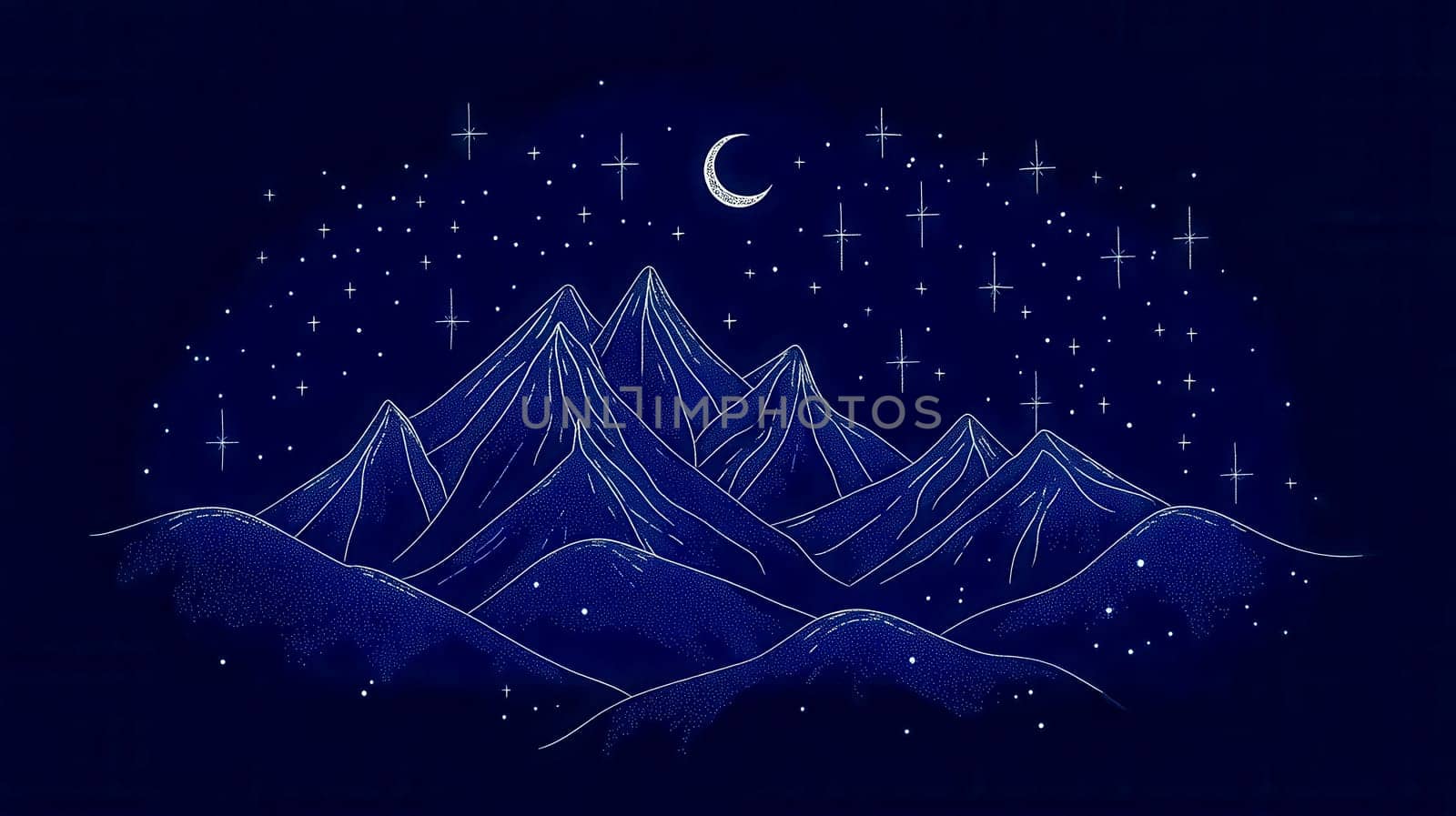 Minimalist illustration of a mountain landscape at night, illuminated by the soft glow of a crescent moon and countless stars, creating a serene and magical atmosphere