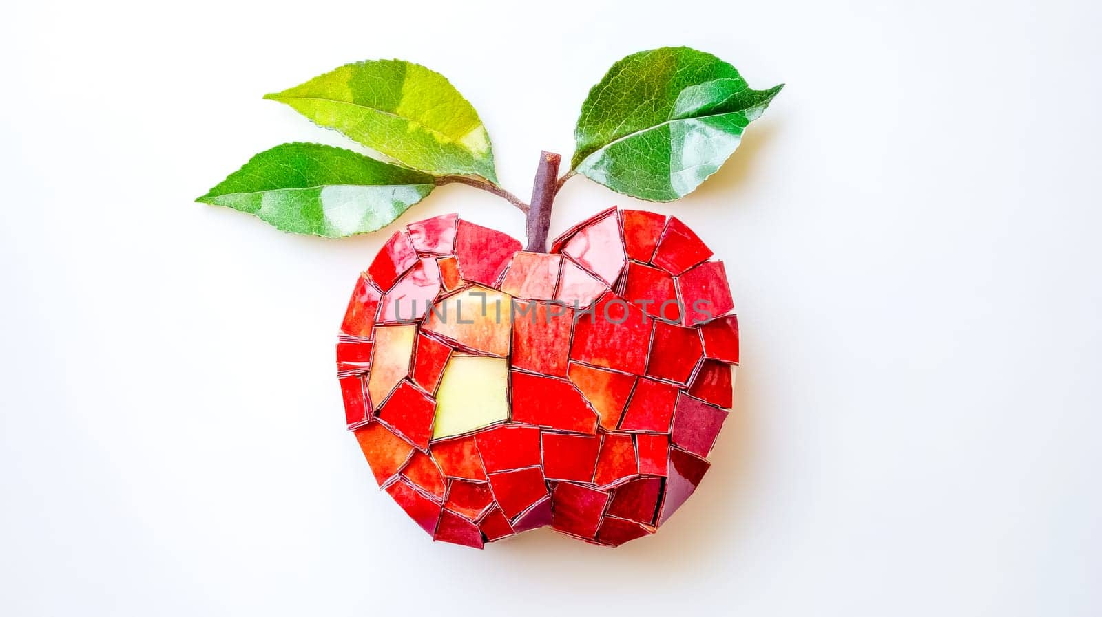Mosaic apple made with small red, orange and yellow tiles, with real green leaves and stem, lying on a white background representing creativity, art, and design