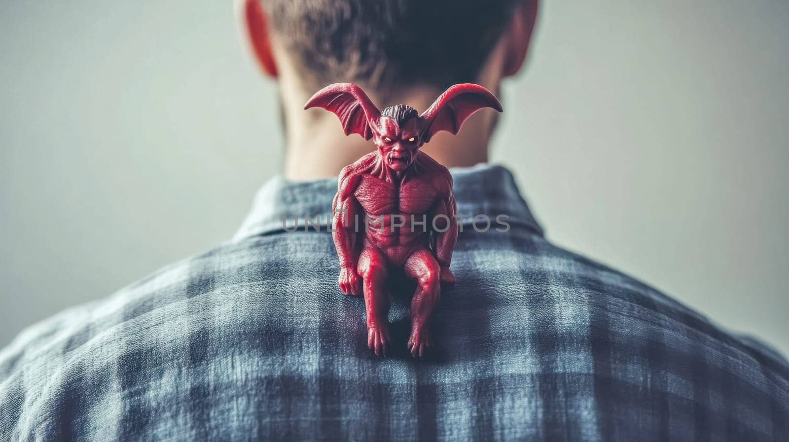 Conceptual image representing evil and temptation with a small red devil figurine sitting on a man's back, symbolizing inner demons, bad influences, or the burden of sin