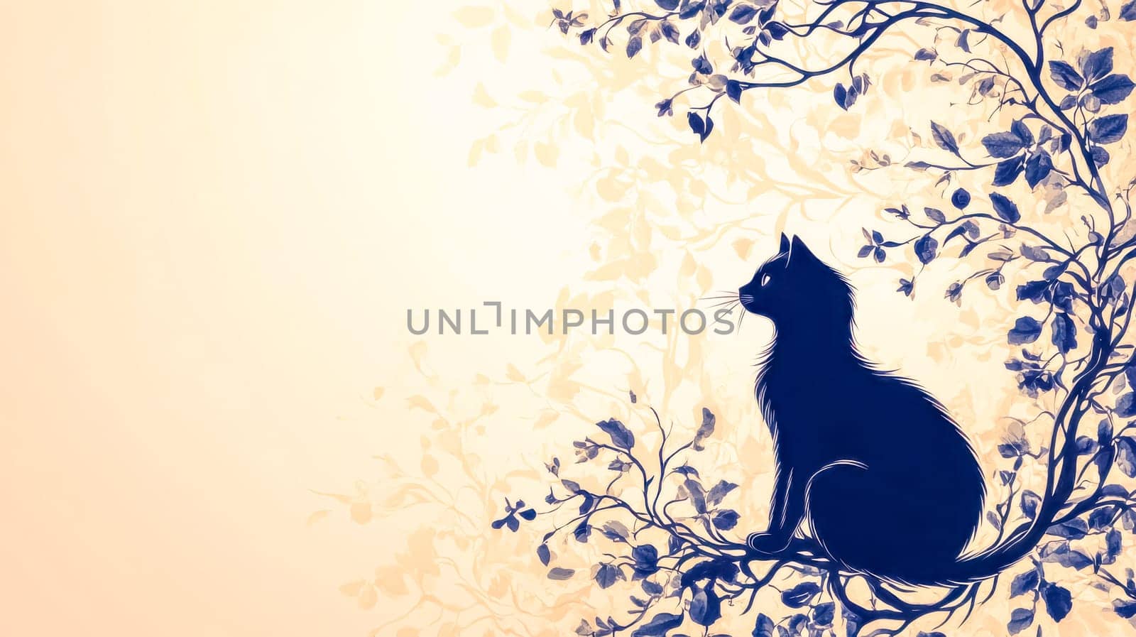 Captivating silhouette of a black cat perched gracefully on a stylized floral branch, creating a serene and artistic composition against a warm, textured backdrop