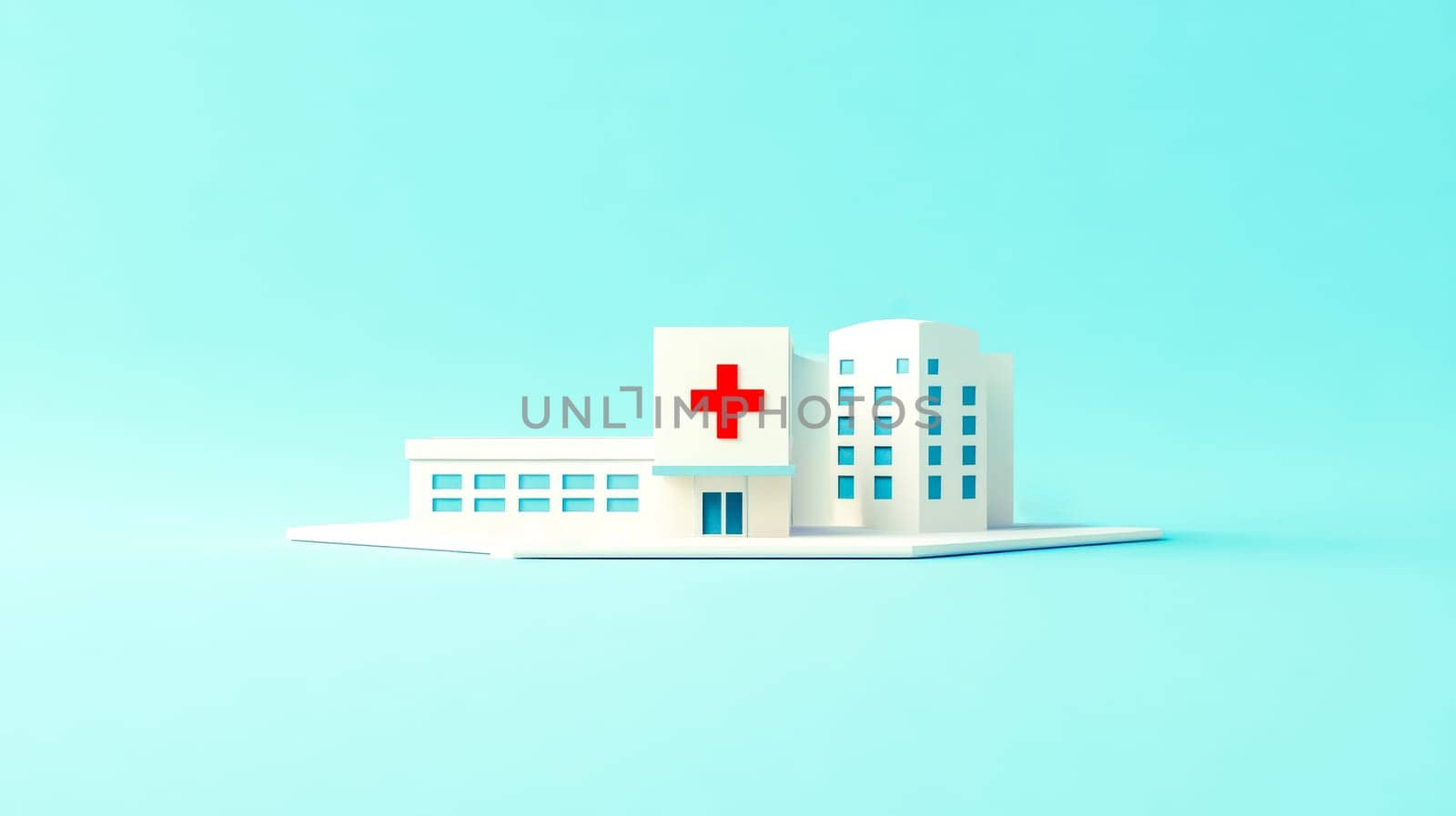 Minimalist representation of a hospital building presenting a red cross symbol, evoking themes of healthcare, emergency services, and medical assistance in a clean and simple style