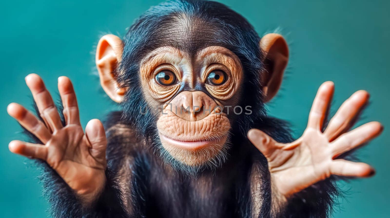 Expressive baby chimpanzee raising its hands and showing palms on a turquoise background, creating a captivating and engaging scene with its direct gaze and playful gesture