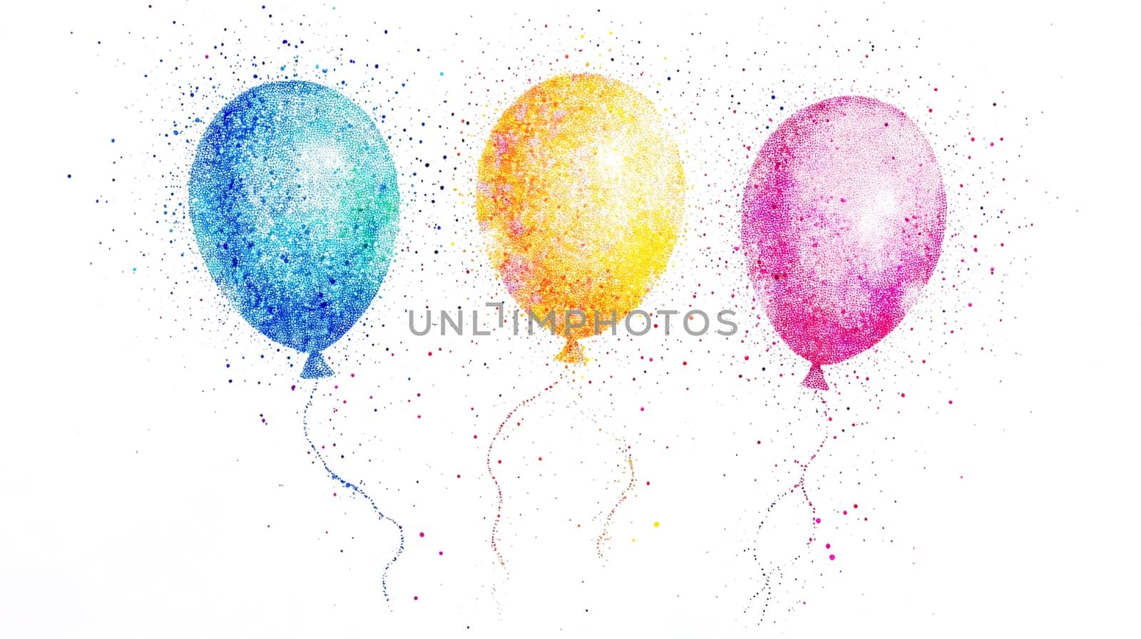 Three colorful balloons, made of tiny dots, float against a white background, creating a festive and celebratory atmosphere, ideal for party or birthday themes