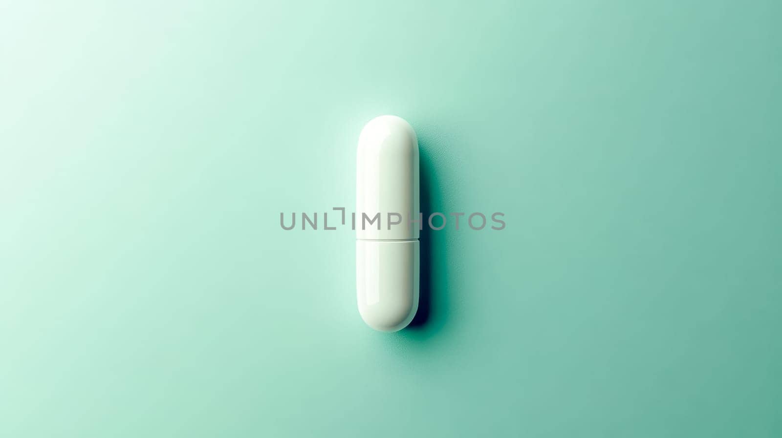 Single white medical capsule lies on a minimalist pastel green background, representing concepts of healthcare, pharmaceuticals, and medicine, creating a clean and symbolic visual
