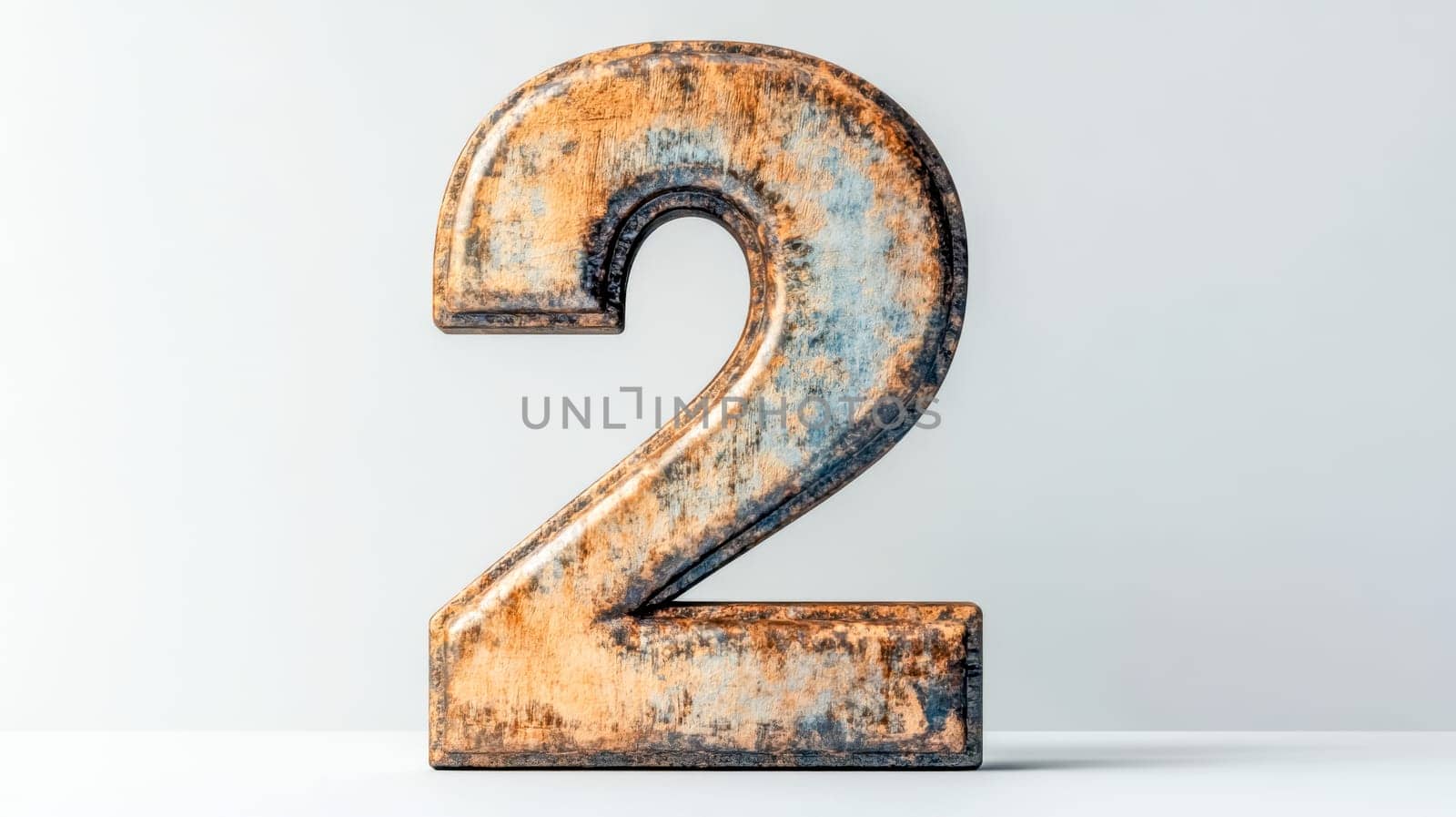 Large wooden number two with a vintage, retro, and distressed look standing on a white background, creating a simple yet impactful composition