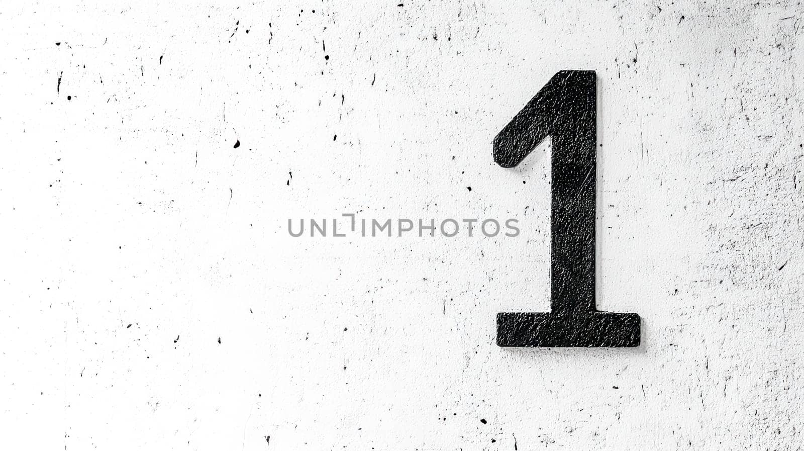 Large black number one on a textured white wall represents order, simplicity, and modern design in a minimalist style, creating a clean and uncluttered aesthetic