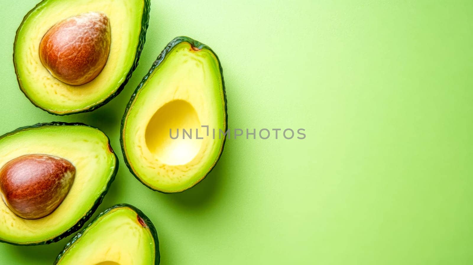 Arranging four avocado halves on a vibrant green background highlights the rich colors and textures of this nutritious fruit, embodying healthy eating and wellness