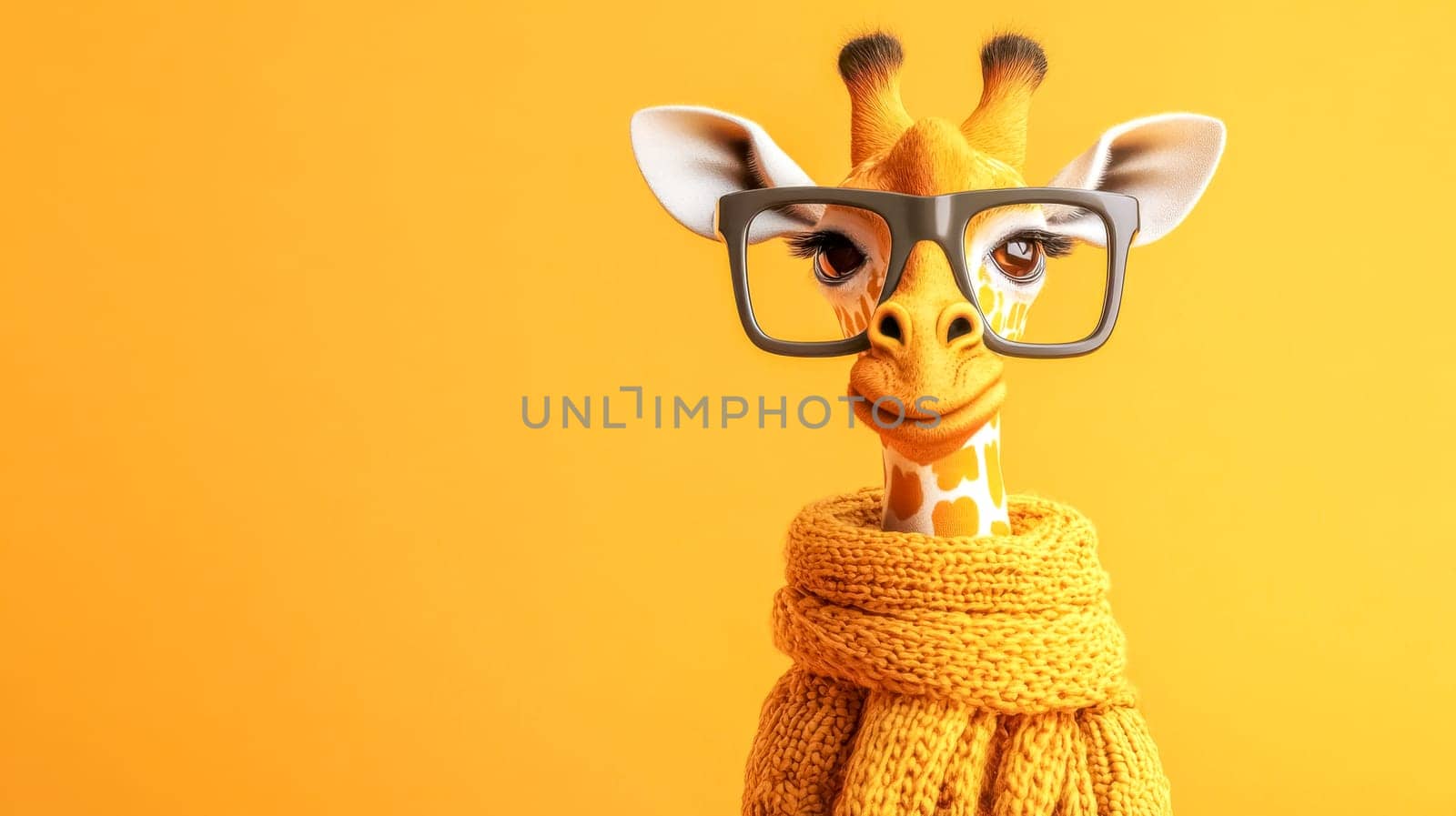 Fashionable giraffe wearing oversized glasses and a cozy yellow scarf stands confidently against a vibrant orange backdrop, creating a whimsical and stylish scene