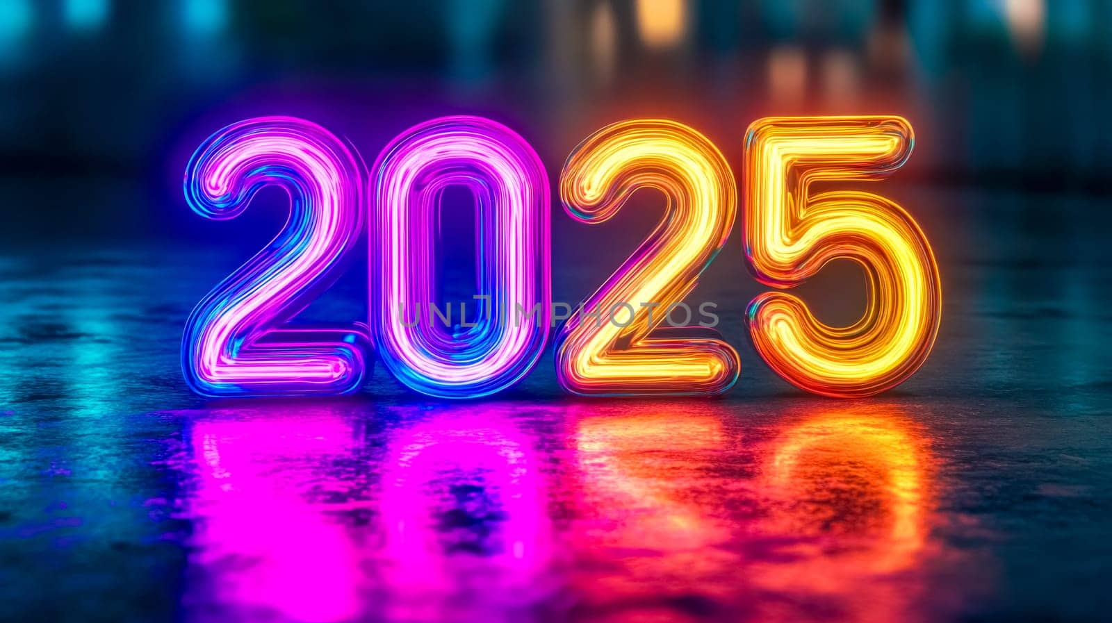 Colorful neon lights shape the number 2025, casting a vibrant glow on a reflective surface, creating a futuristic and celebratory atmosphere