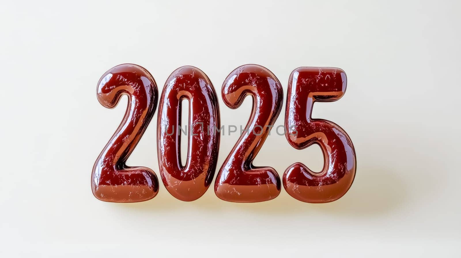 Shiny, inflated, brown chocolate numbers create the year 2025 against a plain white backdrop, suggesting anticipation for future celebrations or milestones