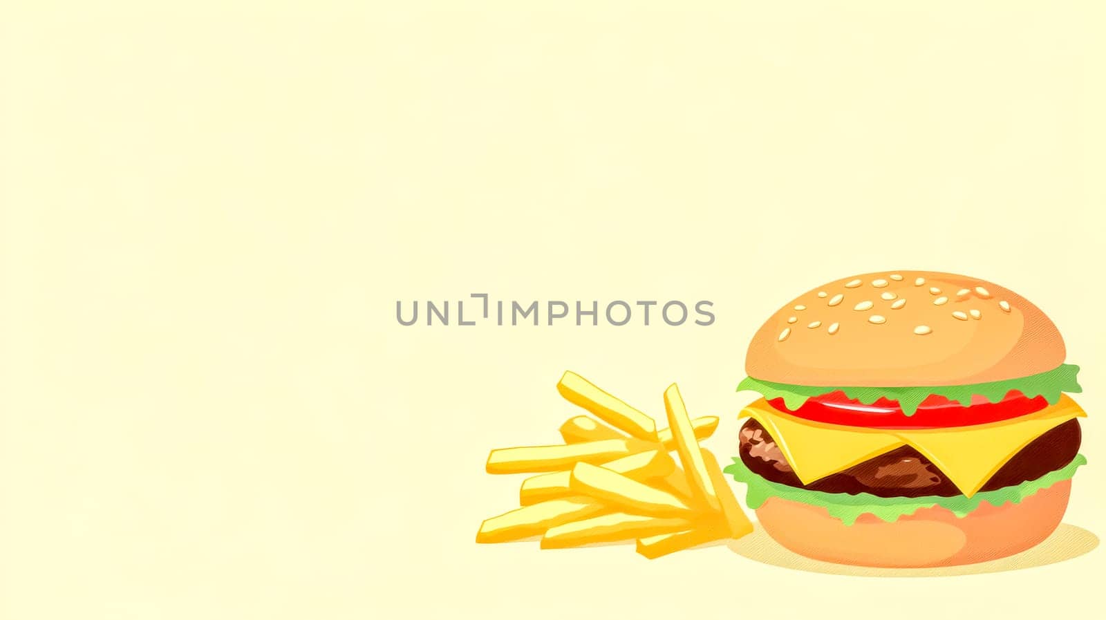 Delicious classic cheeseburger with lettuce, tomato, and cheese paired with crispy golden french fries against a smooth cream backdrop, creating an appealing fast food scene