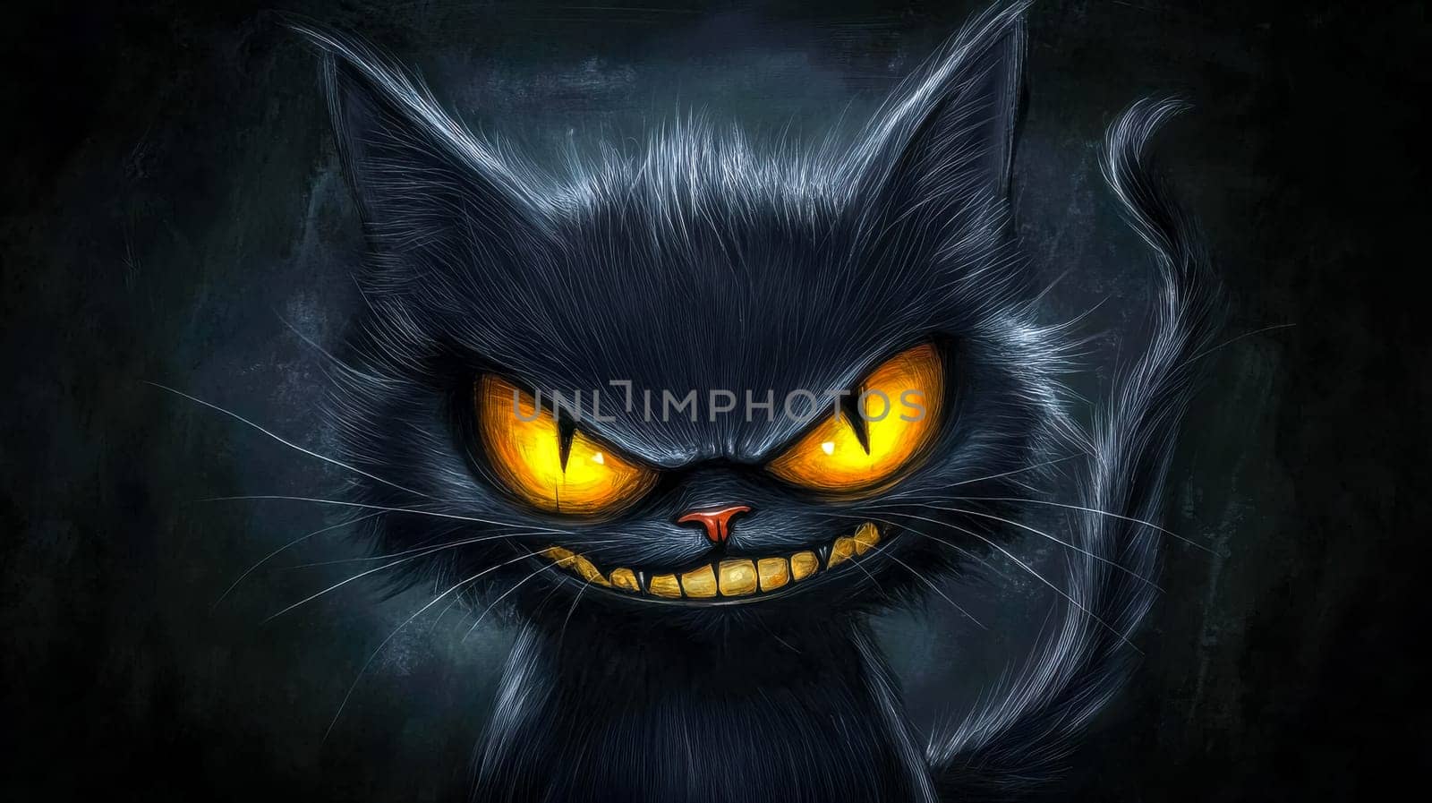 Digital illustration of a menacing black cat baring its teeth, with intensely glowing yellow eyes, set against a dark, textured background, creating a spooky and ominous atmosphere