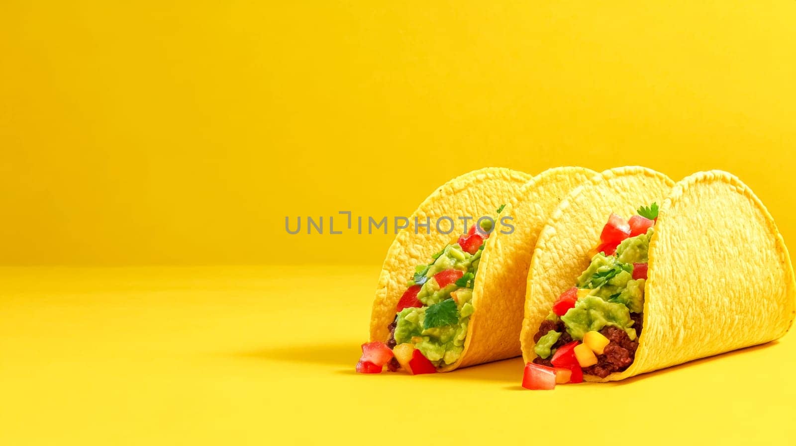 Three crunchy tacos filled with guacamole, salsa, and fresh cilantro are presented on a vibrant yellow background, creating a visually appealing and appetizing scene