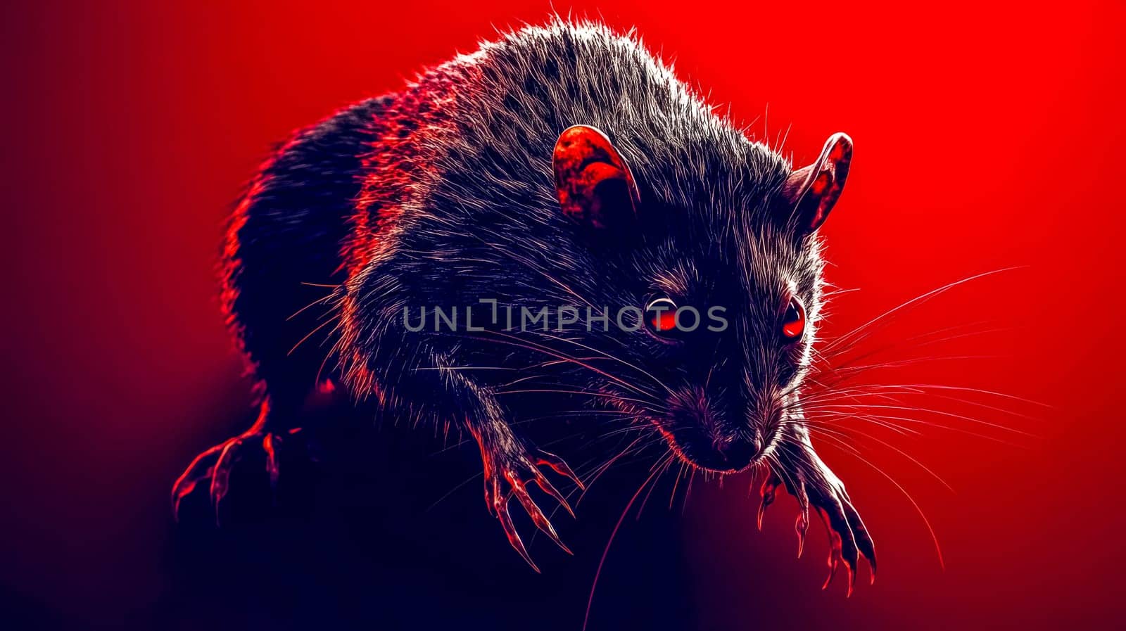 Creepy rat with sharp claws and glowing red eyes lurking in the shadows against a vibrant red backdrop, creating a sinister and eerie atmosphere