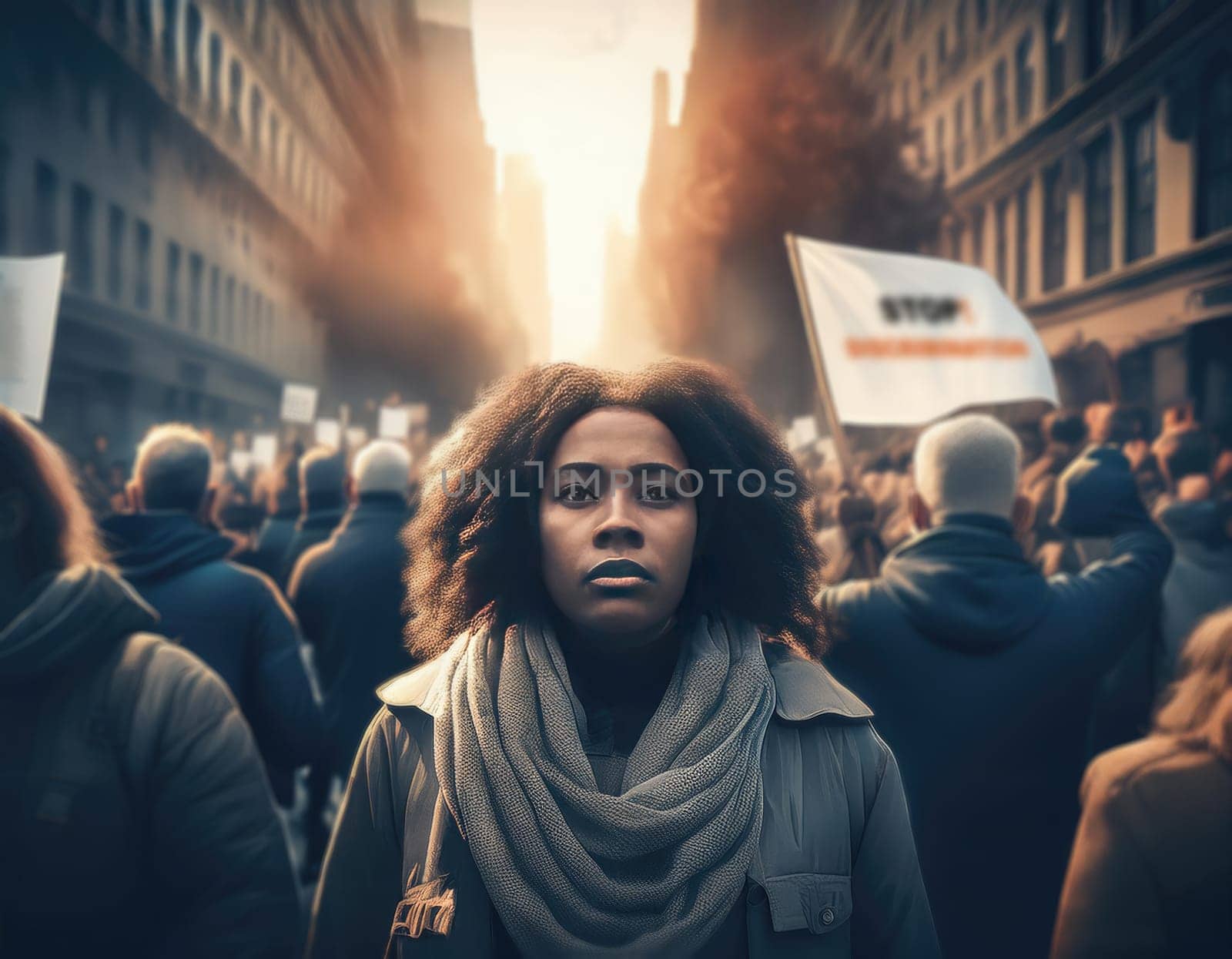 Inequality social problem with people protesting in the street holding placards. Public demonstration, riot or rally