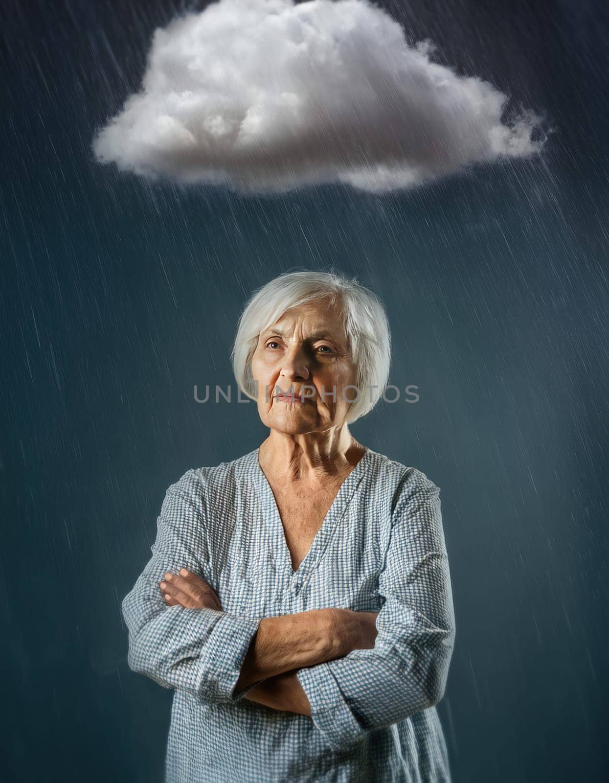 Old woman standing under rain, with a dark stormcloud above head.  Concept of losing memory, Alzheimer's and dementia disease. Cloudy and moody thoughts