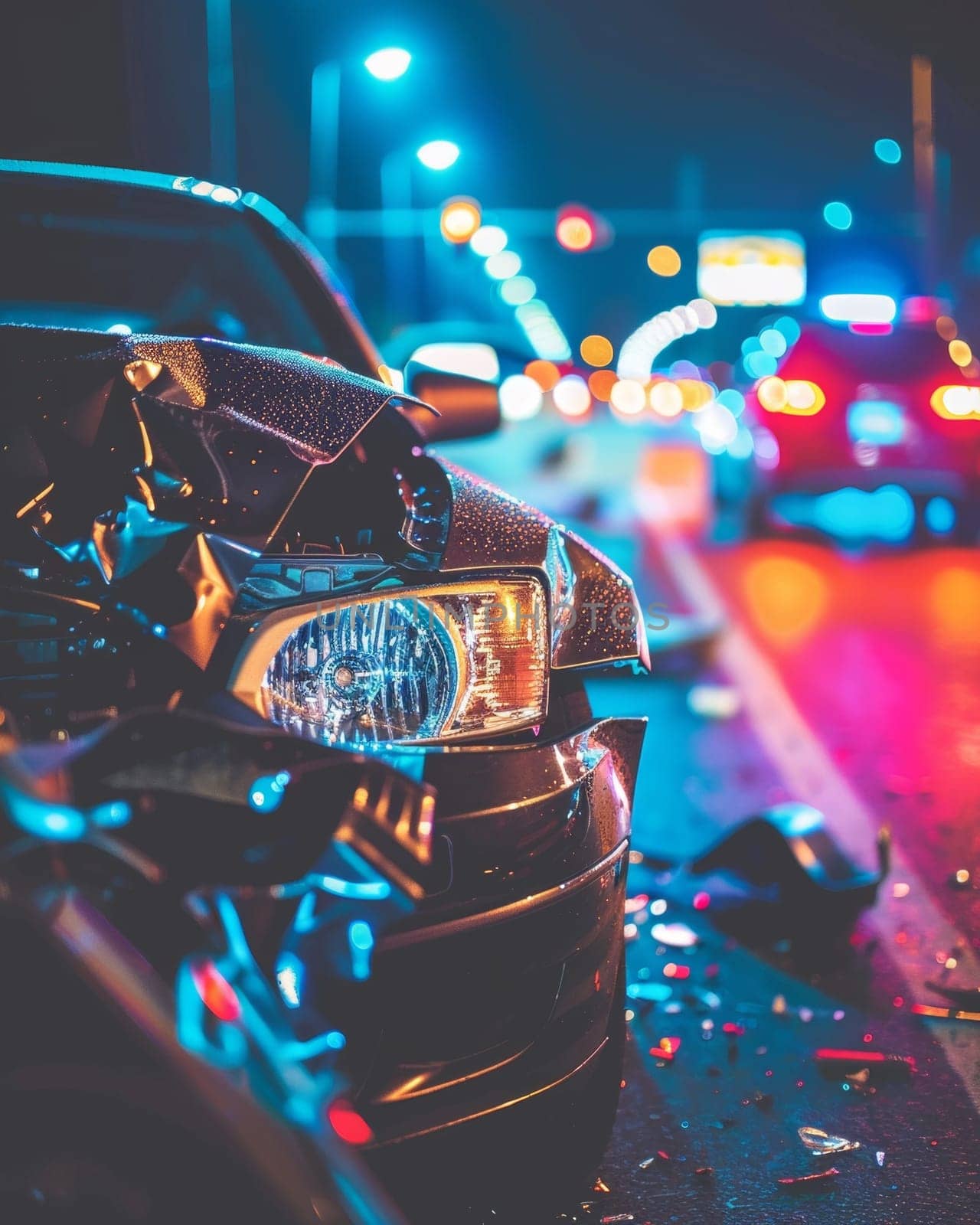 Close-up of a damaged car at night with vibrant city lights in the background