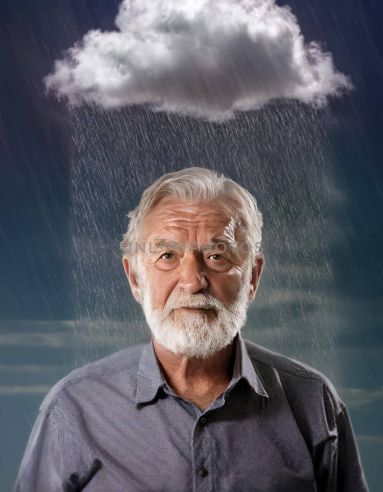Pessimistic old man standing under rain, with a storm cloud over head. Concept of losing memory, Alzheimer's and dementia disease. Cloudy and moody thoughts