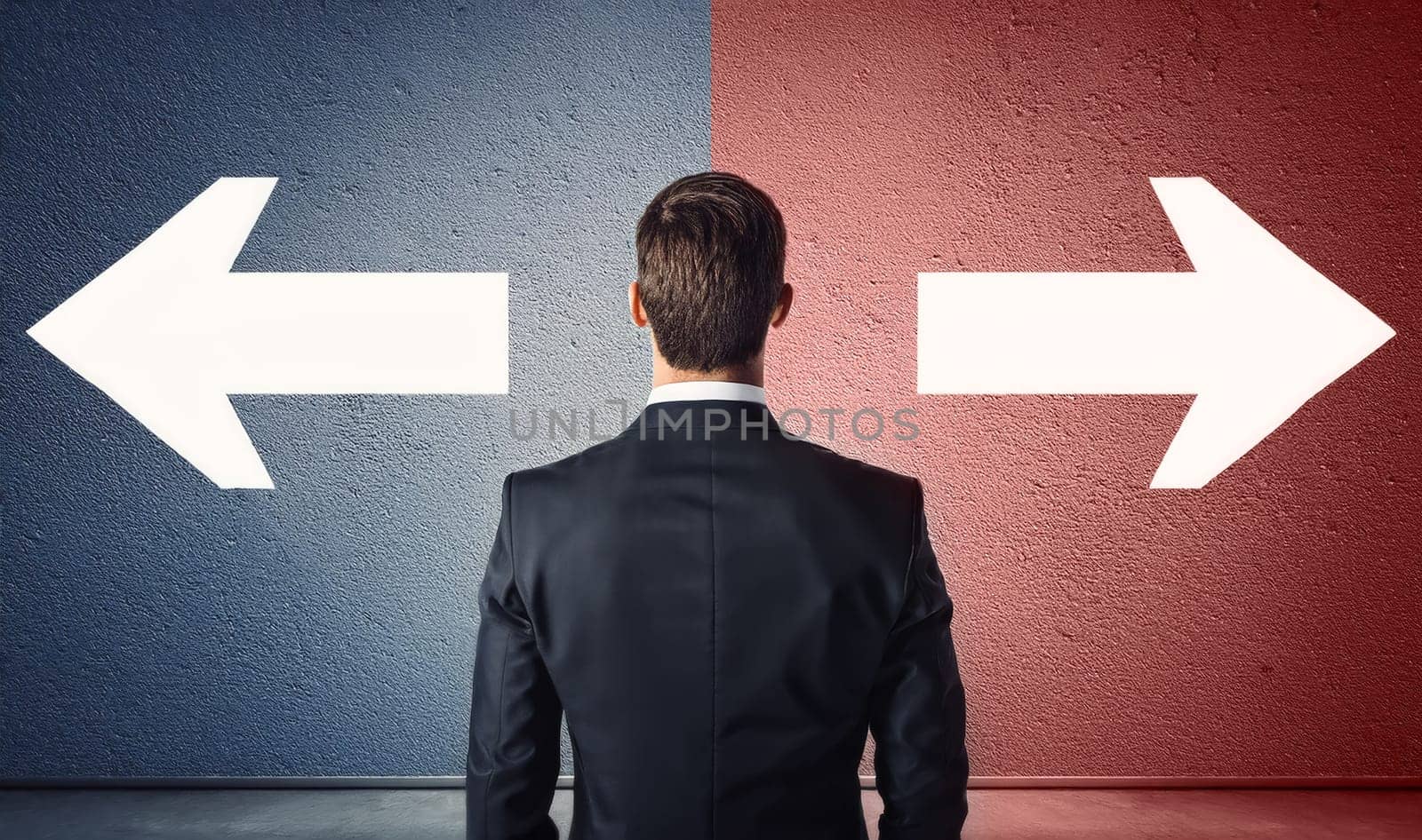 Rear view doubtful businessman in a suit standing in front of a wall divided into two colors, blue on the left and red on the right, with arrows pointing different directions to choose