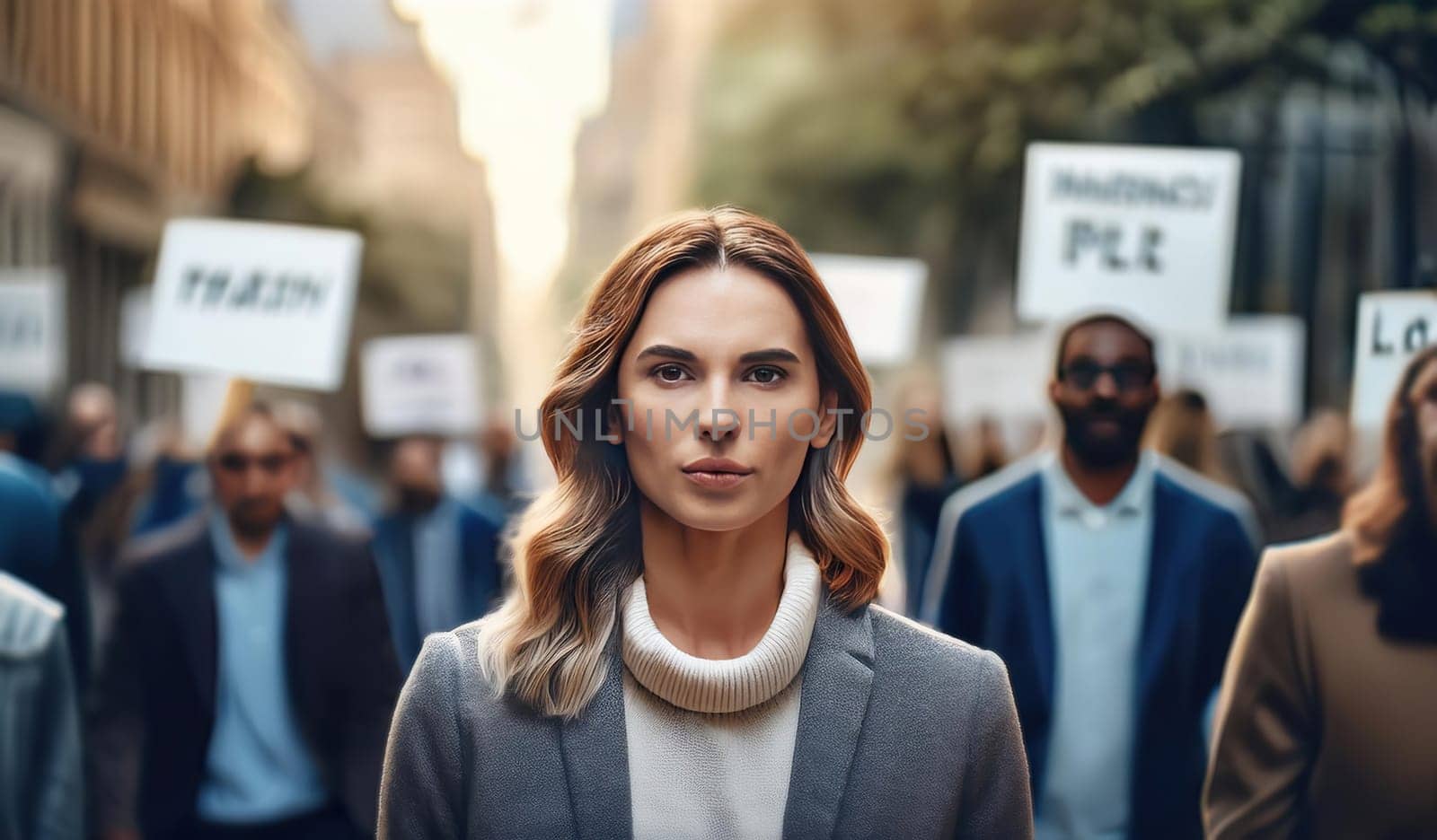 Inequality social problem with a young woman leading a group of protesters in the street holding rally banner. Public demonstration against community issues, laws and politics