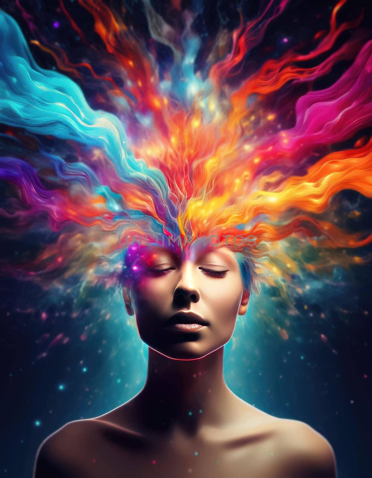 Woman surrounded by vibrant, flowing colors emanating from head, as a burst of creative energy or thoughts. Striking dynamic effect of creativity and rich imagination. Multipolar disorder concept