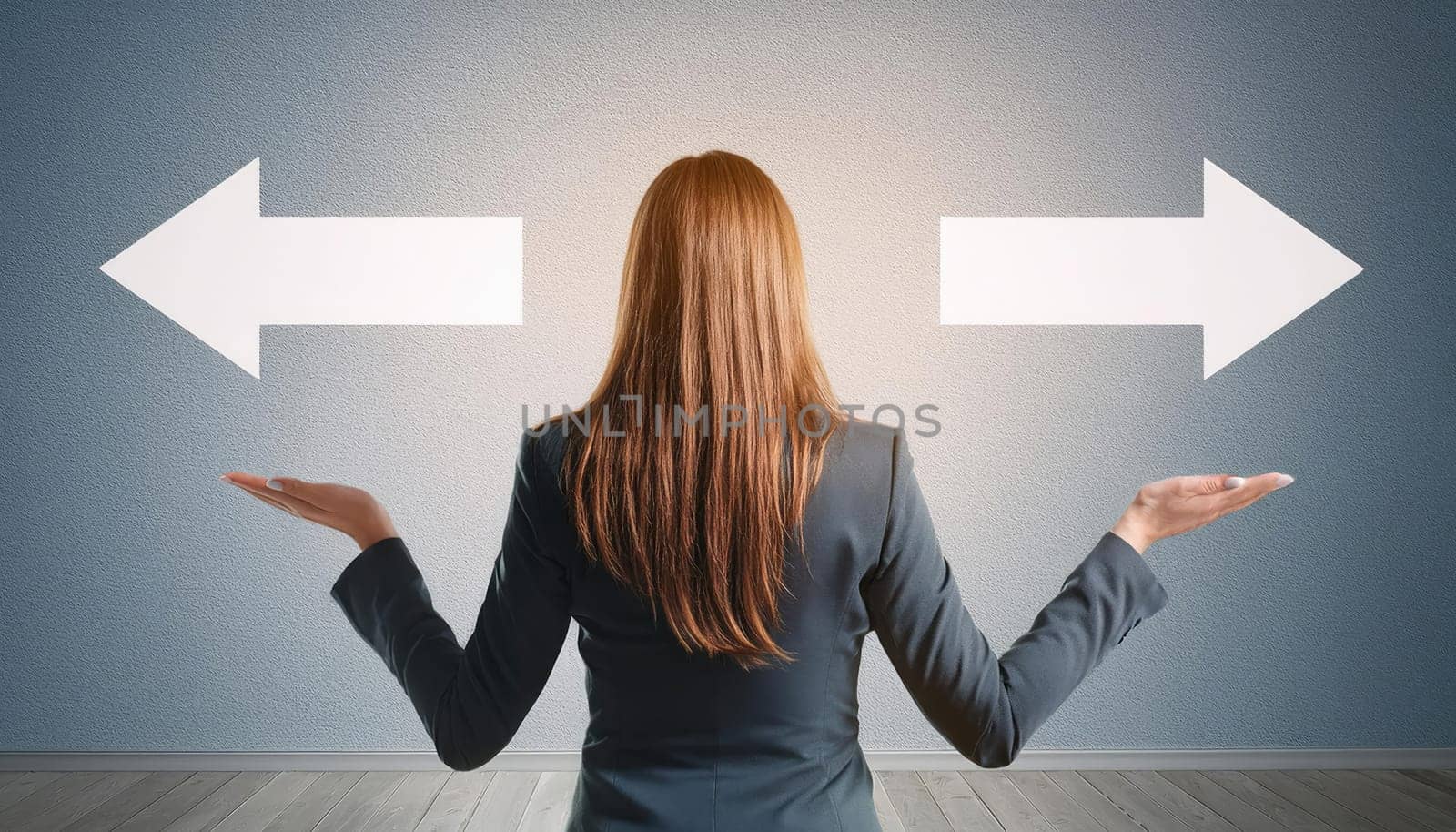 Rear view doubtful businesswoman in a suit balancing hands as stands in front wall with arrows pointing two different directions. Difficult business choice between left and right sides