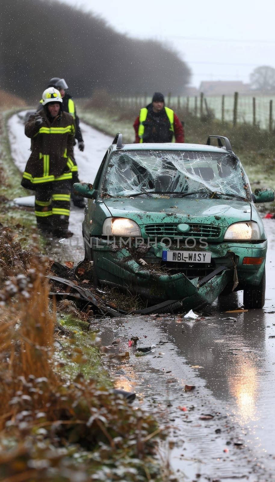 Two emergency responders in high-visibility gear examine a damaged vehicle on a snowy rural road, with the windshield shattered from an apparent collision