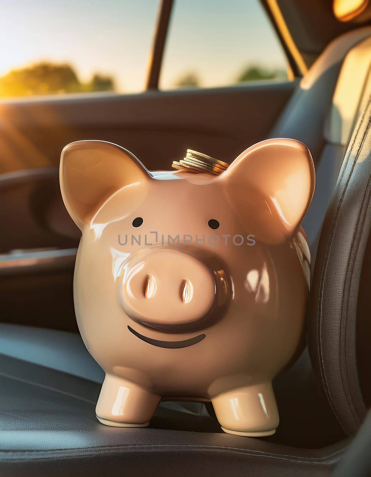 Piggy bank placed on the seat inside a car. Saving money for a new vehicle. Economic investment in transportation