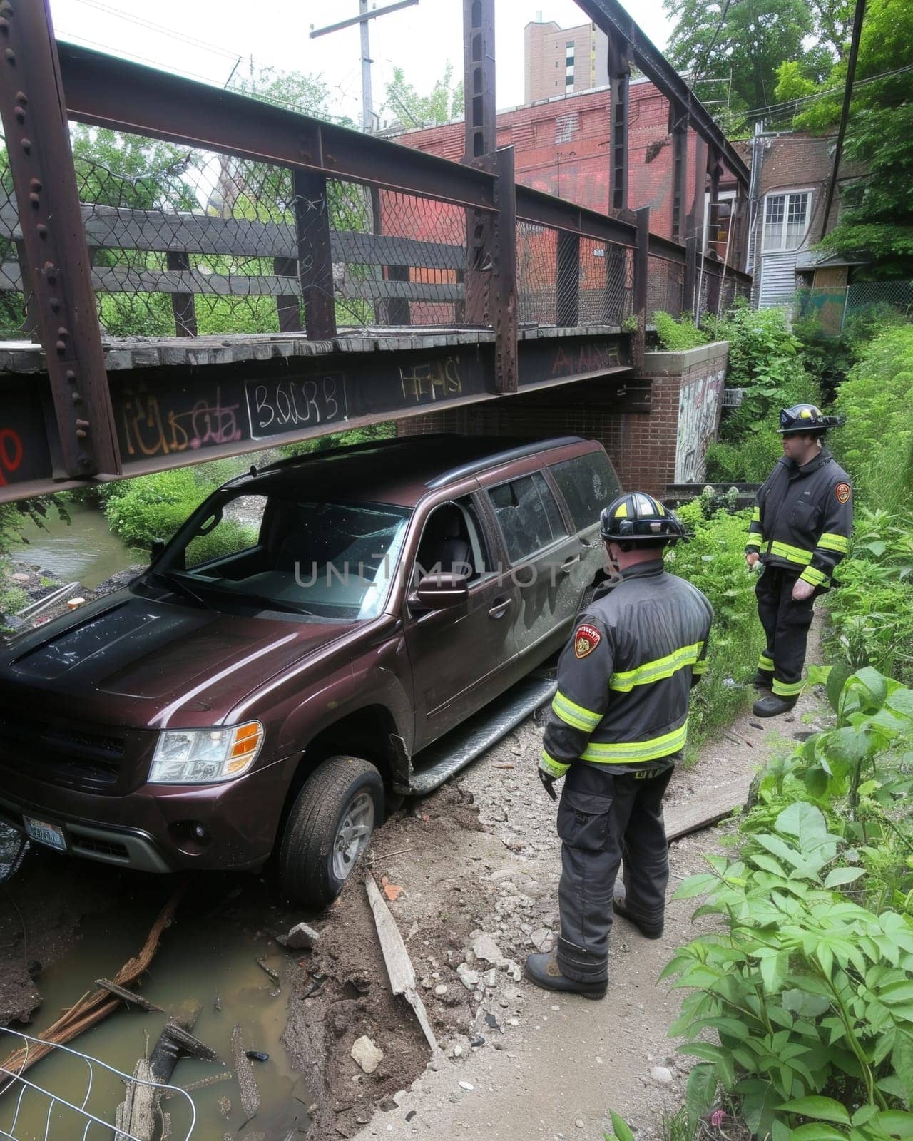 A team of emergency responders, including firefighters and police officers, are attending to the aftermath of a vehicle accident, with a damaged SUV visible in the foreground