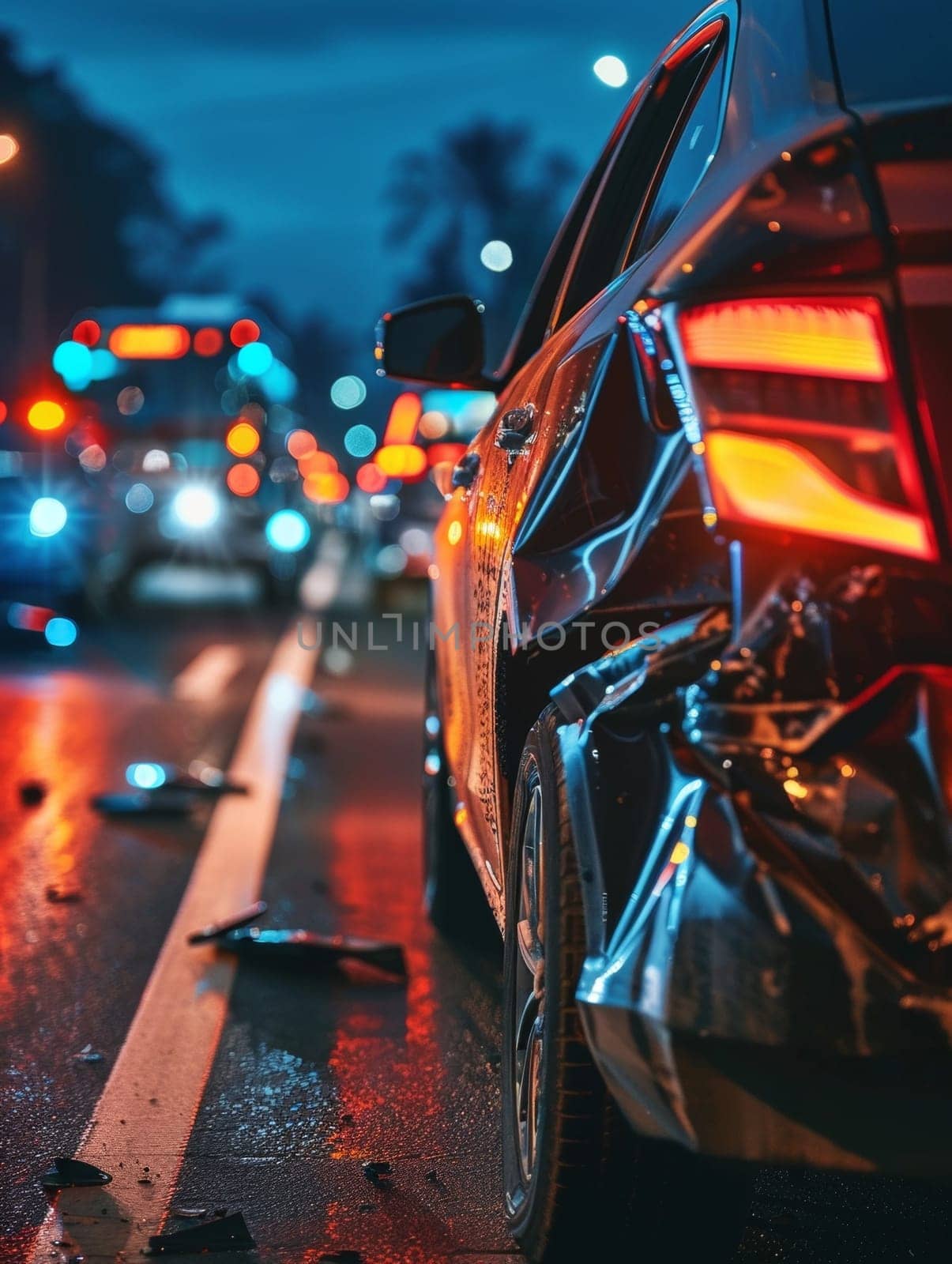 Close-up of a car accident scene on a wet city street at dusk, with debris and damaged vehicles