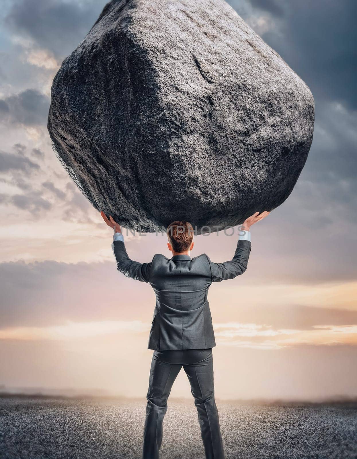 Rear view brave businessman in suit making effort as lifts a huge boulder over head. Solving an immense task, symbol of strength and perseverance. Standing up to troubles, burden concept
