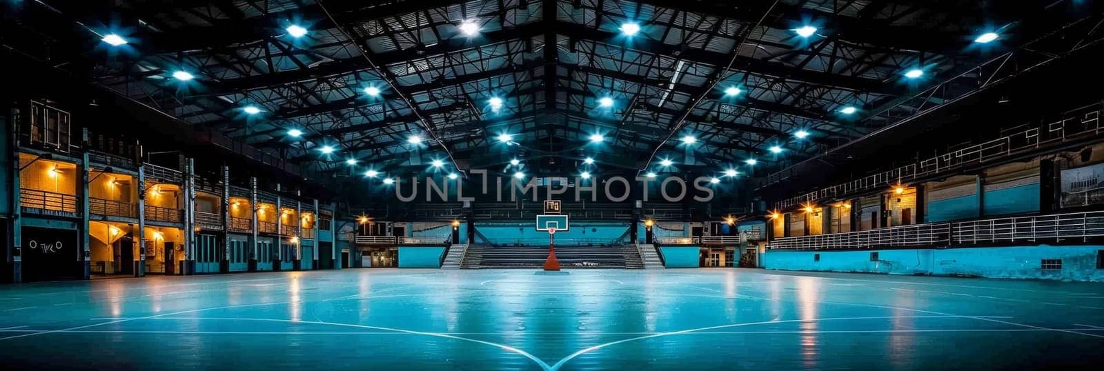 Bright, powerful lights illuminate a vast, empty basketball arena, casting dramatic shadows and creating an awe-inspiring, cinematic atmosphere