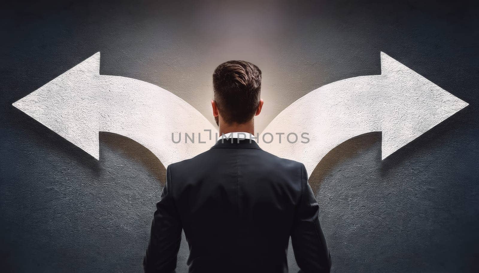 Rear view doubtful businessman in front of a split wall with arrows pointing on two different directions. Choose between left and right sides, business failure or success concept