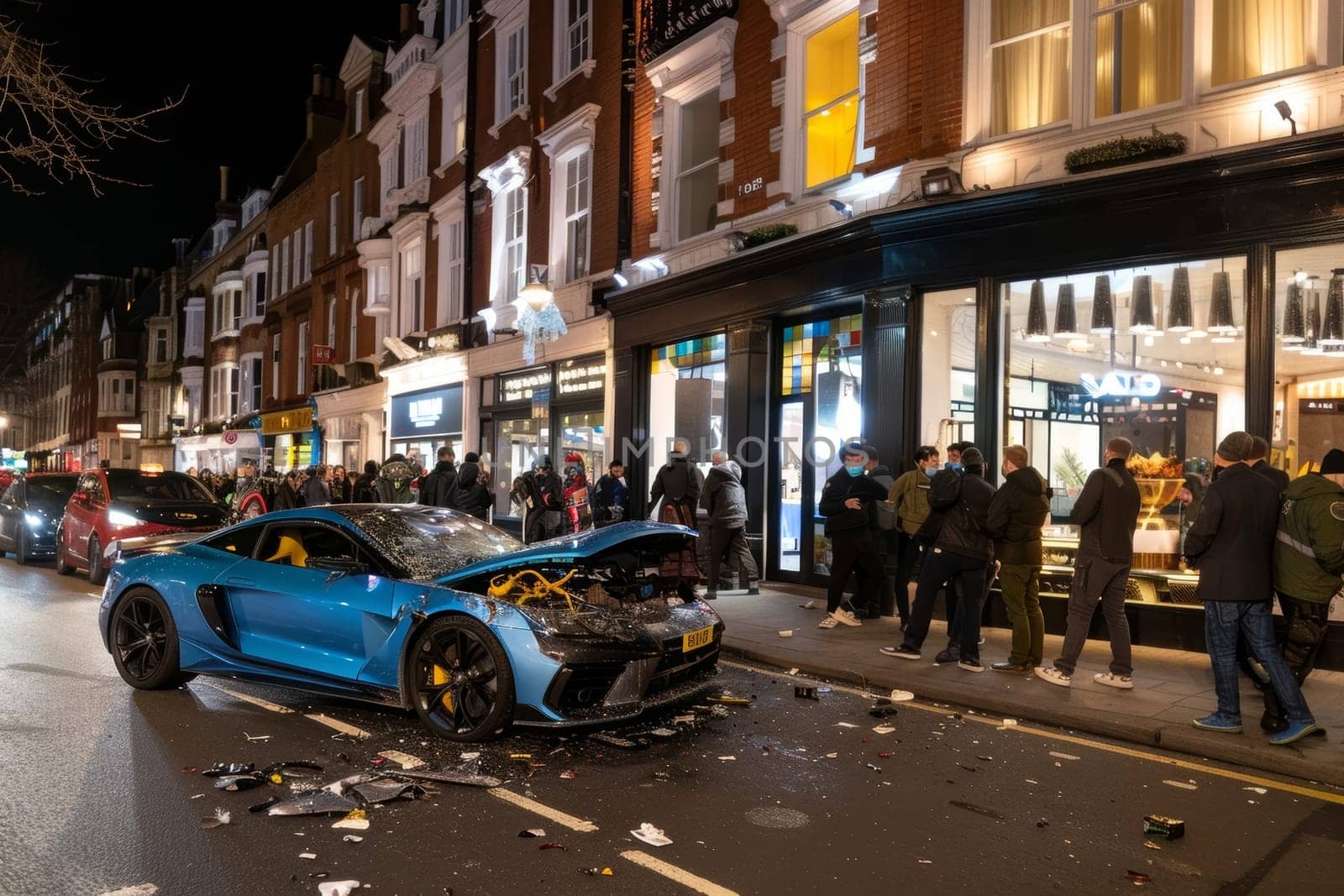 A high-end blue sports car lies wrecked on the street, surrounded by debris and onlookers, after a serious accident in a busy urban area at night