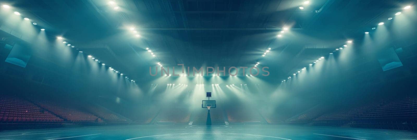 An expansive, glowing basketball court surrounded by towering lights, creating a futuristic and mesmerizing scene