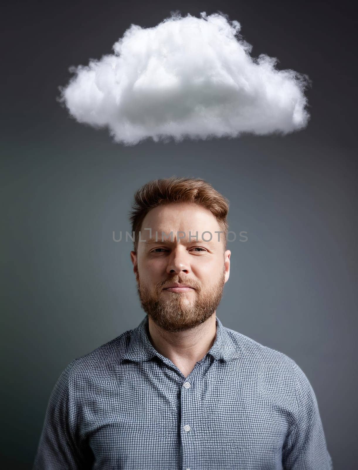 Man with a storm cloud hovering above his head. Concept of losing memory. Cloudy and moody thoughts