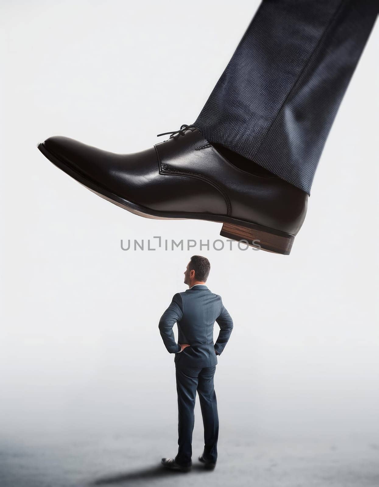 Tiny man office worker standing under pressure of the giant shoe of his big boss about to step on him. Workplace confrontation, leadership concept. Power dynamics or intimidation in business